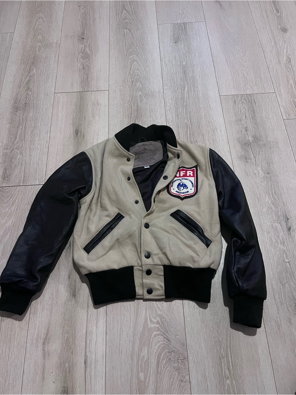Kids Two-Tone Varsity Jacket with Patch - Beige & Black